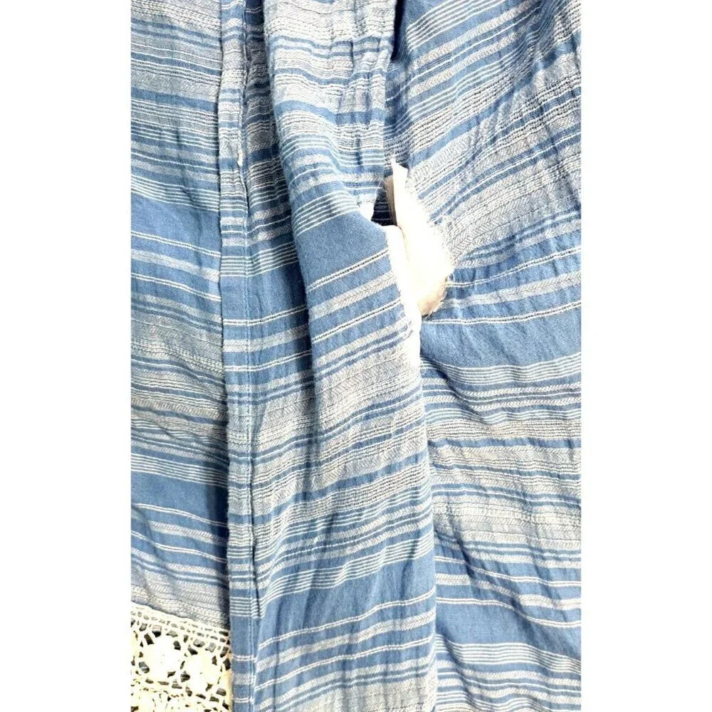Hollister XS/S Women's Cotton Blue White Stripe Kimono Style Jacket Crochet Lace